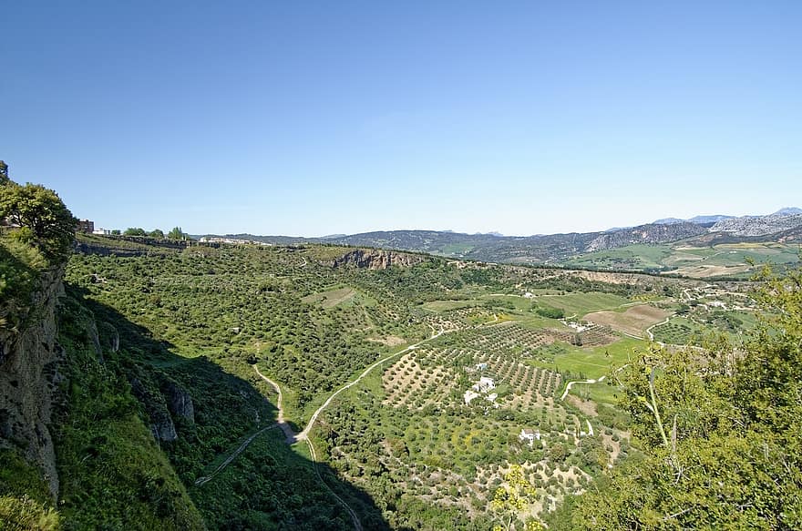 Spanien, andalusien, Malaga-provinsen, landsby, bjerge, træer, landskabet, landskab, landlige scene, landbrug, grøn farve