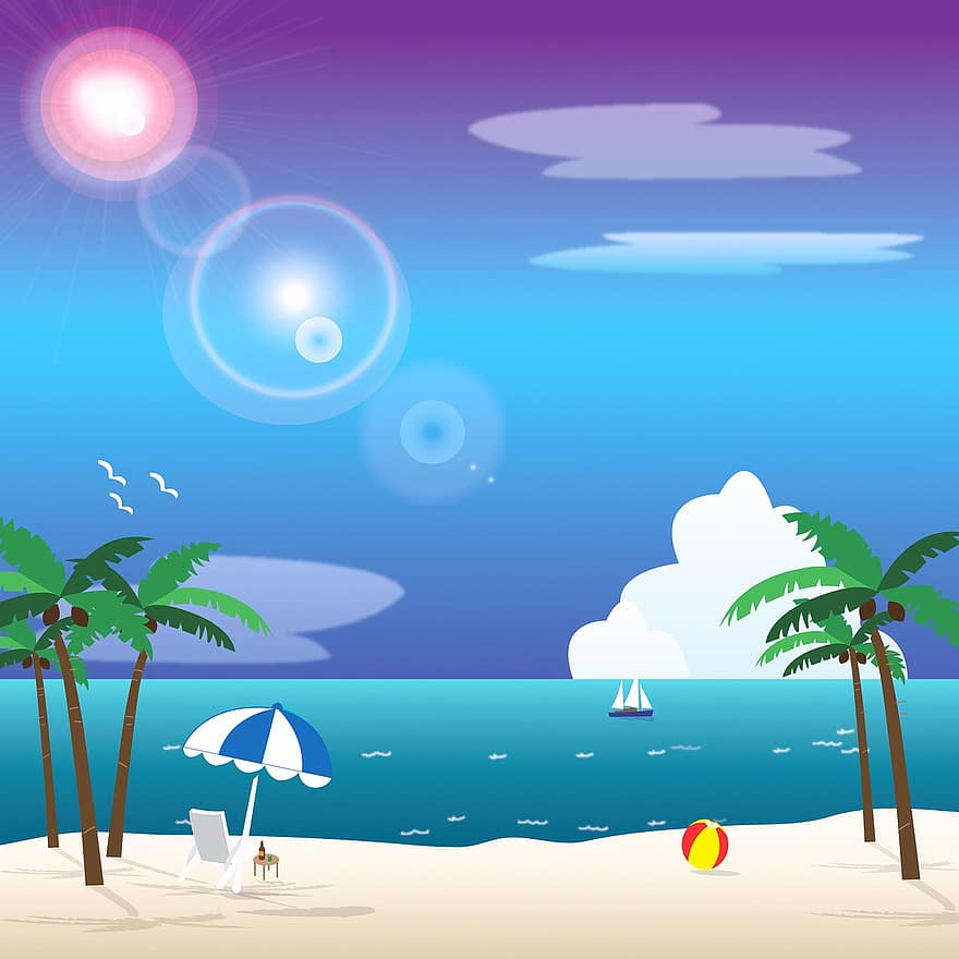 пляж, пальмовые деревья, море, океан, воды, лодка, парусный спорт, солнце, Солнечный лучик, горизонт, небо