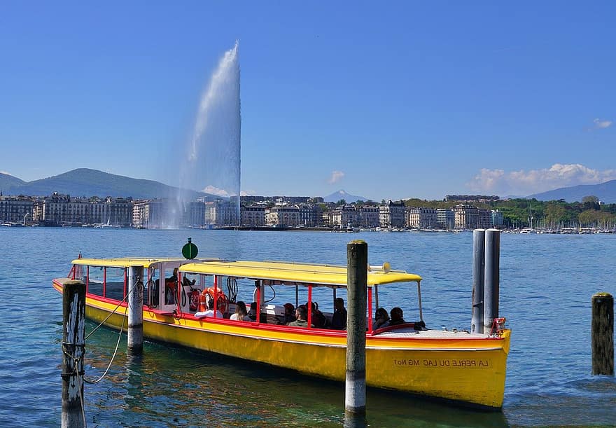 Boot, Boot fliegen, Genfer See, See, Wasserstrahl, Feder, Mont Blanc, Tapete, Desktop-Bild, Hintergrundbild, Wasser