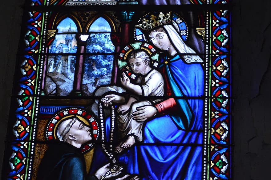 Glasmalerei, Fenster, Kirche, Jungfrau Maria, Kind, Knie, Jesus, Heiliger Dominique, Rosenkranz, Anbieten, Nd des Rosenkranzes