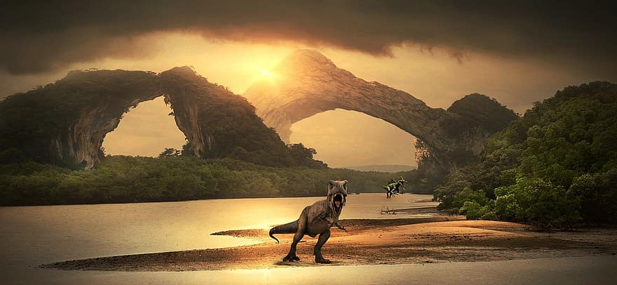 Dinosaur, Mountains, Sunset, Fantasy
