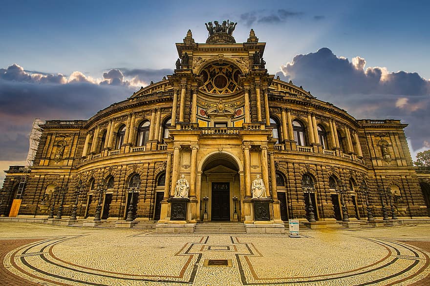 Dresden, ooppera, siemennesteen oopperatalo, saxony, rakennus, Saksa, lomat, laajakulma, taivas, arkkitehtuuri, kuuluisa paikka