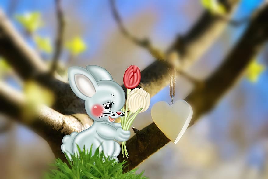 pääsiäinen, pääsiäispupu, pääsiäiskortti, sydän, tulppaanit, puu, kevät, ruoho, kani, hyvää pääsiäistä, Pääsiäissunnuntai