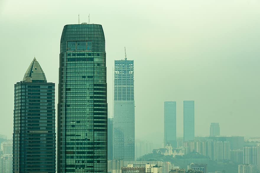 Wolkenkratzer, Stadt, bewölkter Tag, Dunst, Horizont, Gebäude, Guiyang, Stadtbild, die Architektur, Gebäudehülle, städtische Skyline