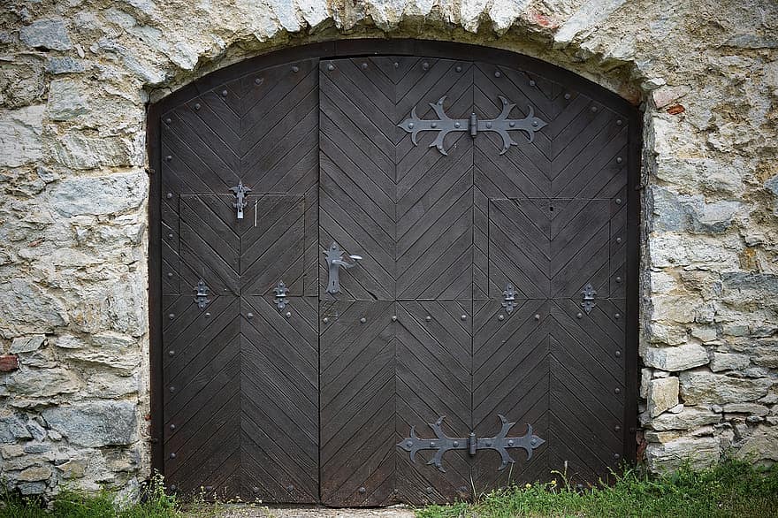 Entrata, porta, cancello, vecchio, porta di legno, parete, muro di pietra, Casa