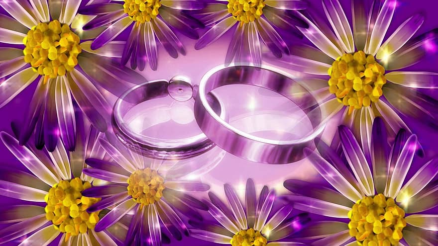 esküvő, gyűrűk, virágok, házasság, eljegyzés, szeretet, románc, kapcsolat, feleségül vesz, párosít, romantikus