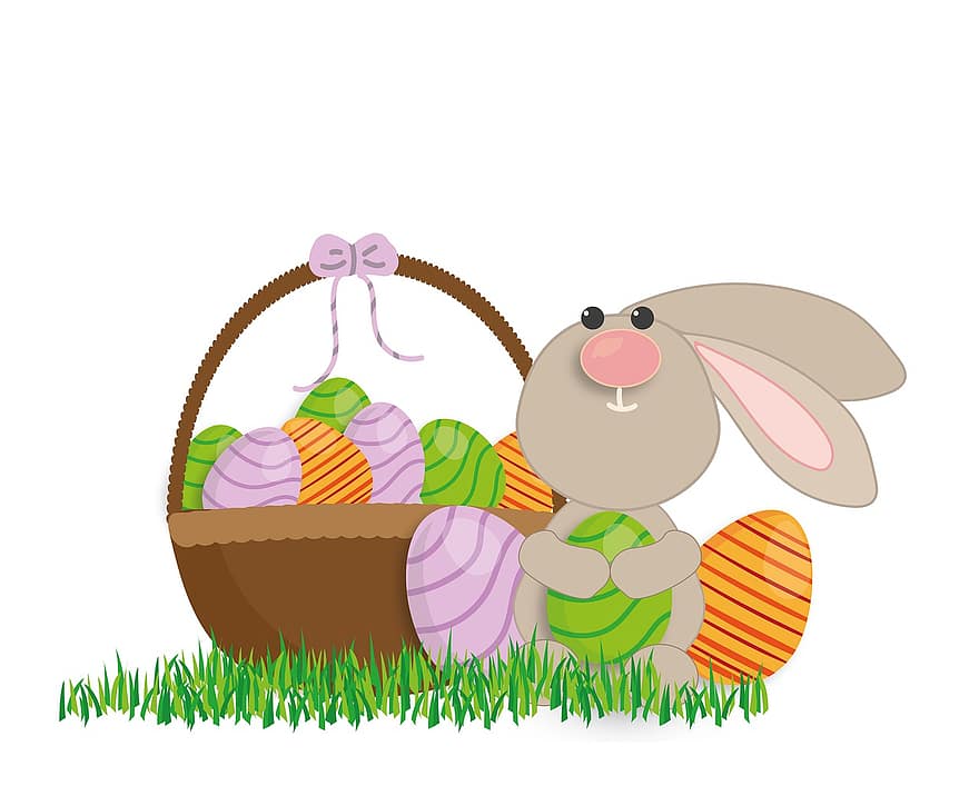 kelinci, Telur Paskah, Paskah, keranjang, alam, musim semi, kartun, rumput, imut, ilustrasi, vektor