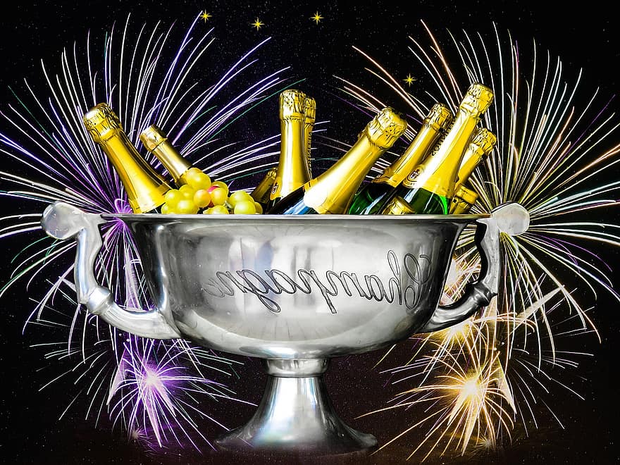 Anul Nou, ziua de anul nou, focuri de artificii, 2017, Șampanie, găleată, strugure, Prost, noroc, sylvester, sărbători