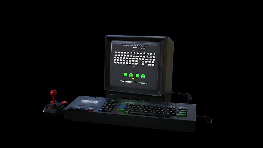invasores espaciales, 8 bits, atari, computadora, antiguo, obsoleto, extraterrestre, teclado, tecnología, monitor, sega