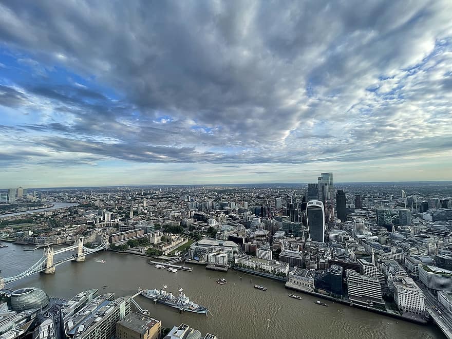 London, by, flod, panorama, bybilledet, tårnbro, bro, skyskrabere, bygninger, downtown, by-
