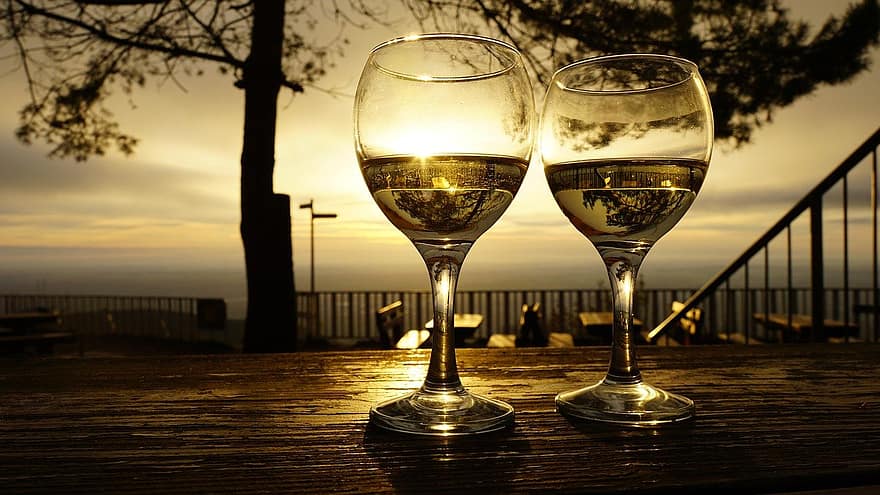 verres à vin, les boissons, lever du soleil, réflexion, Matin, forêt de palatinat, point de vue, pain grillé, fête, Champagne, l'automne