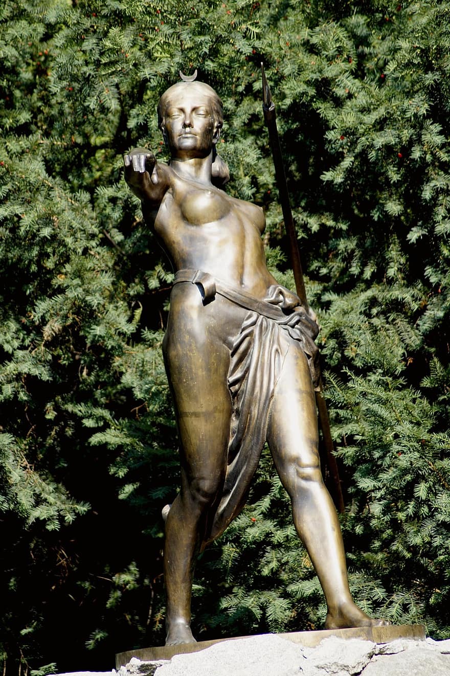 女神、月の女神、狩猟、女の子、女性、彫刻、像、ダイアナ、神話、アルテミス、Park szczytnicki