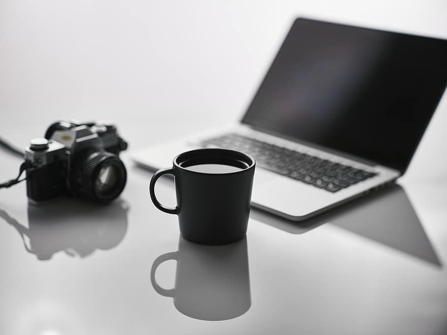 cangkir, laptop, kamera, minum, minuman, kopi, teh, komputer, kerja, fotografi, teknologi