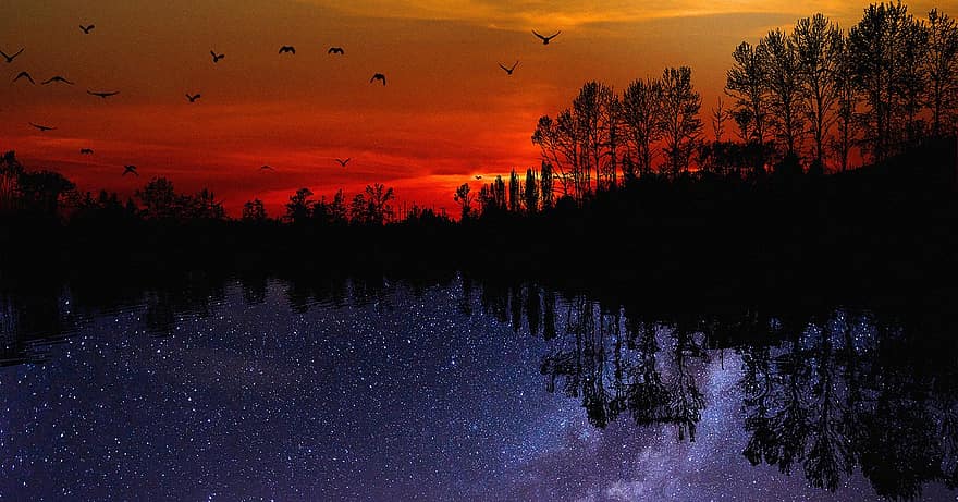 Sonnenuntergang, Sterne, Himmel, Abend, Reflexion, Silhouette, Desktop-Hintergrund, Tapete, 4k, Natur, Landschaft