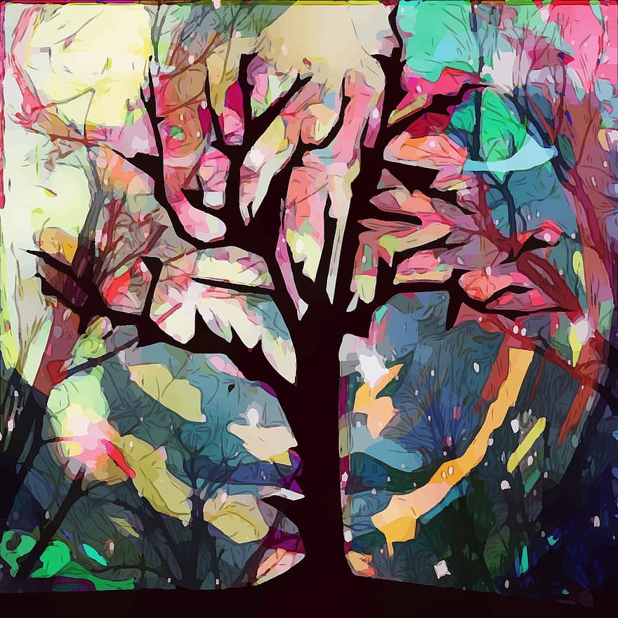 drzewo, księżyc, noc, niebo, krajobraz, abstrakcyjny, sztuka, konceptualistyczny, kolorowy, sylwetka, światło