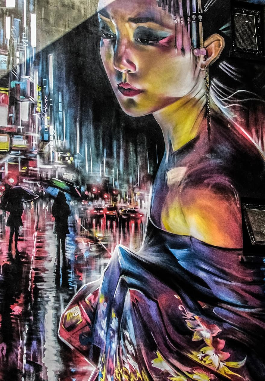 Girl, Japanese, Geisha, Tokyo, Night, City, Graffiti, Wall