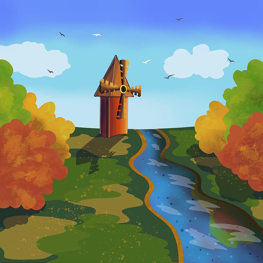 ветряная мельница, река, деревья, птицы, осень, падать, время года, небо, природа, облака, Голландия