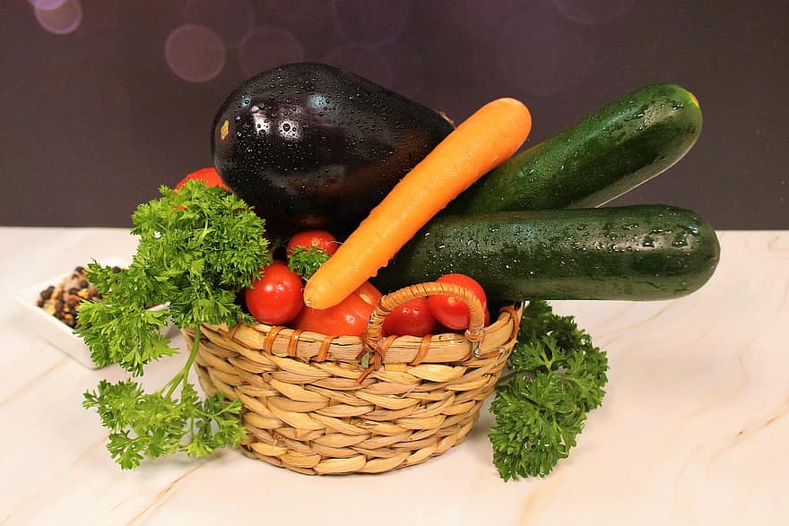 warzywa, kosz, jedzenie, żniwa, bakłażan, zdrowy, bio, wegańskie, jeść, pyszne, świeży