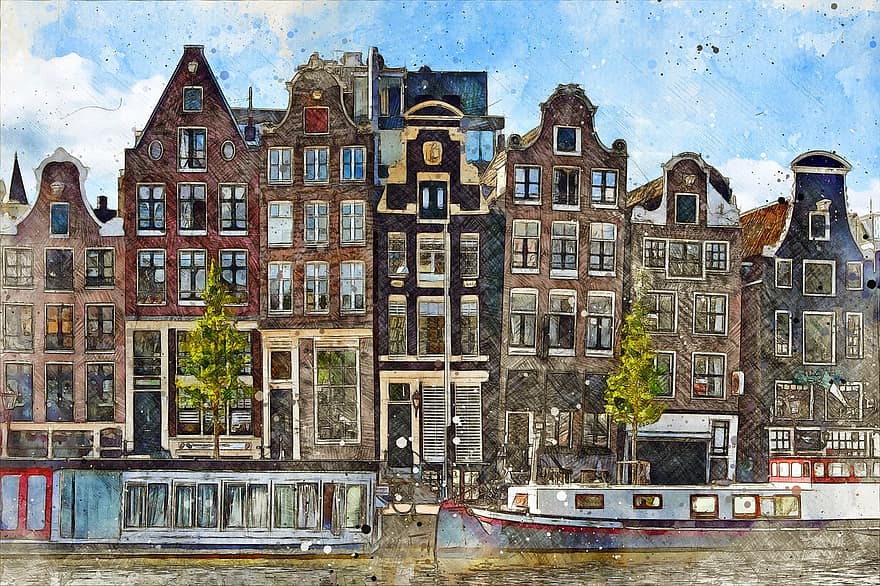 bâtiment, historique, architecture, façade, tourisme, amsterdam, Maisons