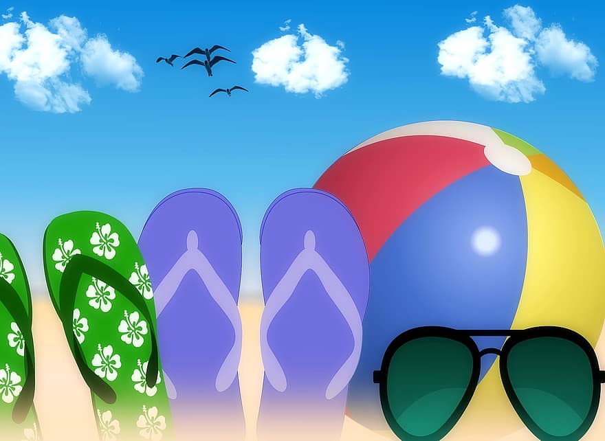 wakacje, piłka plażowa, klapki, kapcie, buty plażowe, okulary słoneczne, plaża, plaża piaskowa, zabawna kąpiel