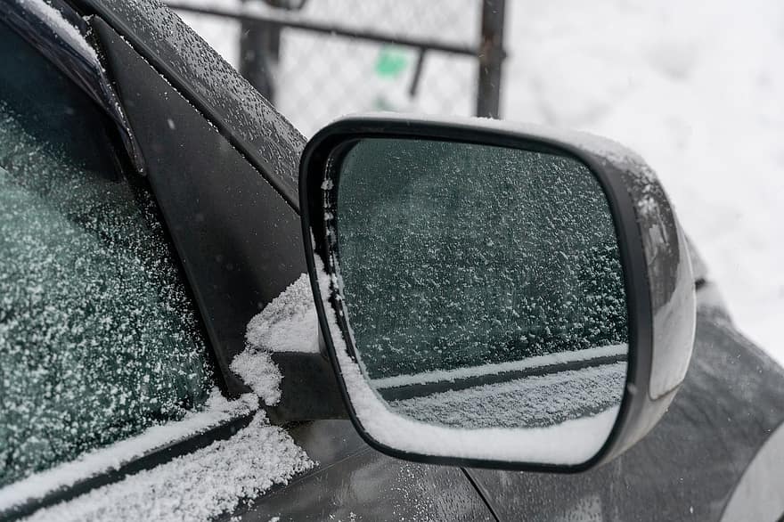 auto, deur-, spiegel, winter, sneeuw, weg, straat