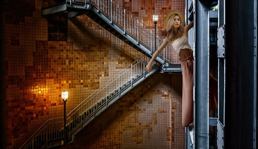 Escadas de menina, vigas de aço, composto, modelo, beleza, aguentar, lâmpadas, mulheres, uma pessoa, adulto jovem, adulto