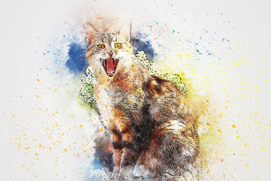 katė, sėdi, menas, santrauka, akvarelė, derliaus, gyvūnas, emocijos, katytė, meninis, dizainas