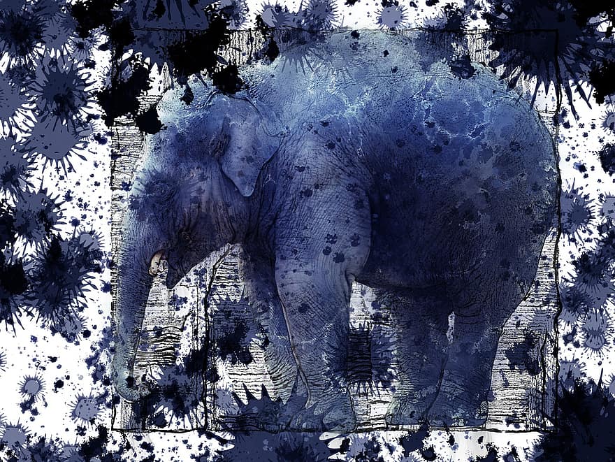 olifant, dier, kunst, natuur, inkt spatten, geklater, artwork, illustratie, achtergronden, grunge, abstract