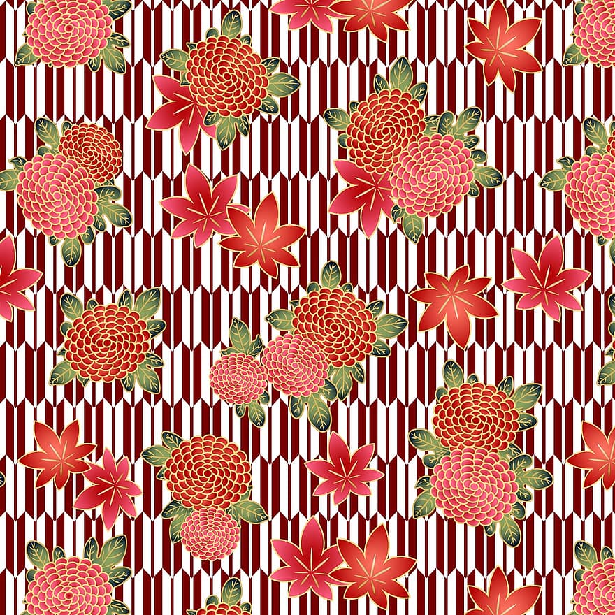 digitales Papier, Blumen, Hintergrund, Muster, Blumen-, blühen, rote Blumen, Japanische Blumen, Papier-, Jahrgang, retro