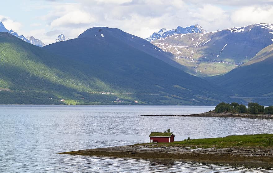 fjorden, hav, bjerge, landskab, marinemaleri, bjerglandskab