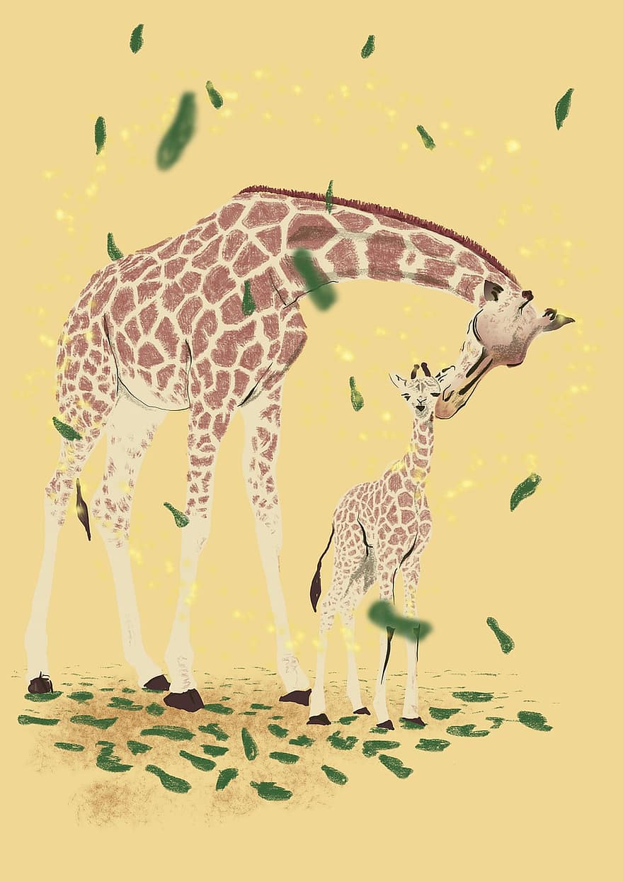 girafa, animal do bebê, animal, animais selvagens, mamífero, safári, África, fofa, jovem, desenhando, arte digital