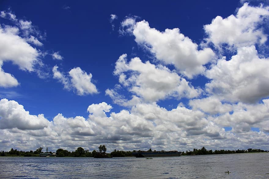 riu, cel, núvols, pot tho, vietnam, via fluvial, aigua, embarcacions, viatjar