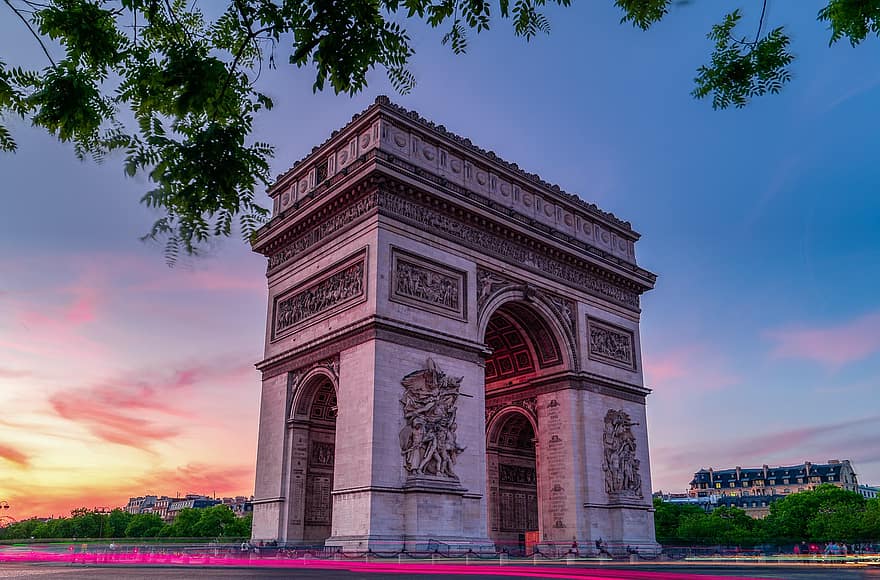 Łuk Triumfalny, pomnik, Paryż, punkt orientacyjny, architektura, Łuk triumfalny, Miasto, miejski, zachód słońca, zmierzch, znane miejsce