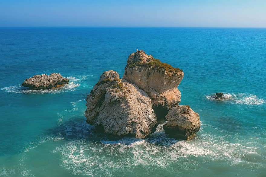 Chipre, rocha do afrodite, Rocha, pedra, mar, ilha, azul, panorama, aventura, cenário, natureza