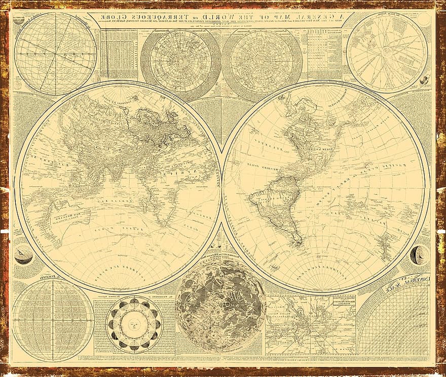 Karta, gammal värld, tappningskarta, årgång, retro, sepia, jord