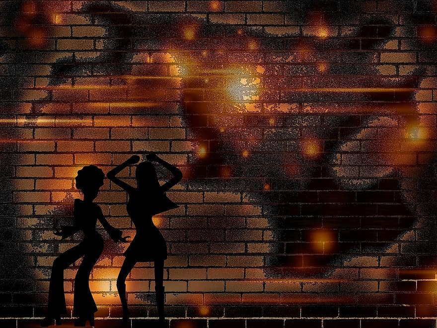 Hintergrund, Wand, Frau, Tanzen, glücklich, rot, Feuer, Nacht-, Party, Straße, Braunes Glück
