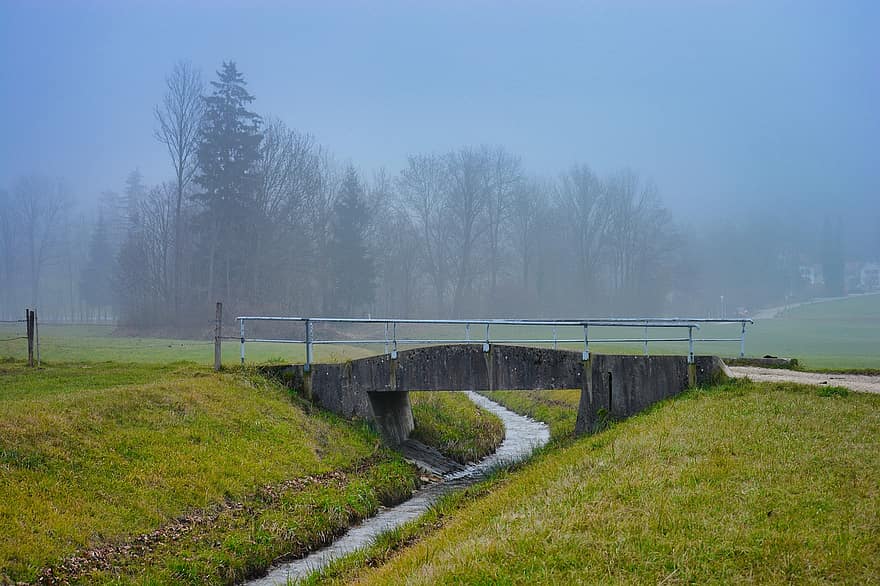 ponte, canal, névoa, Campos, arvores, grama, nebuloso, neblina, enevoado, transição, bach