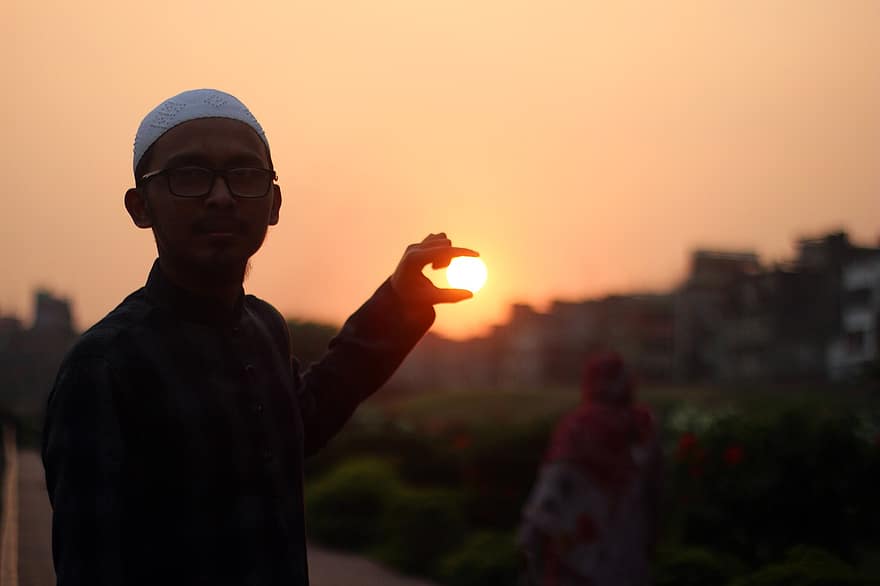 man, vingers, zon, gebaar, moslim, zonsondergang, zonlicht, pose