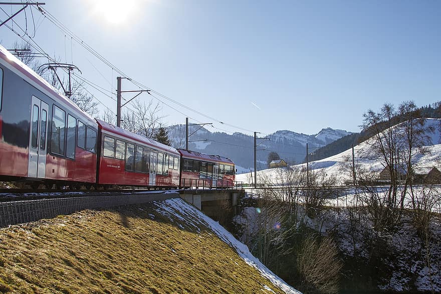 Zug, Winter, Natur, Reise, Erkundung, draußen, Appenzell, Eisenbahn, Schnee, Berg, Transport