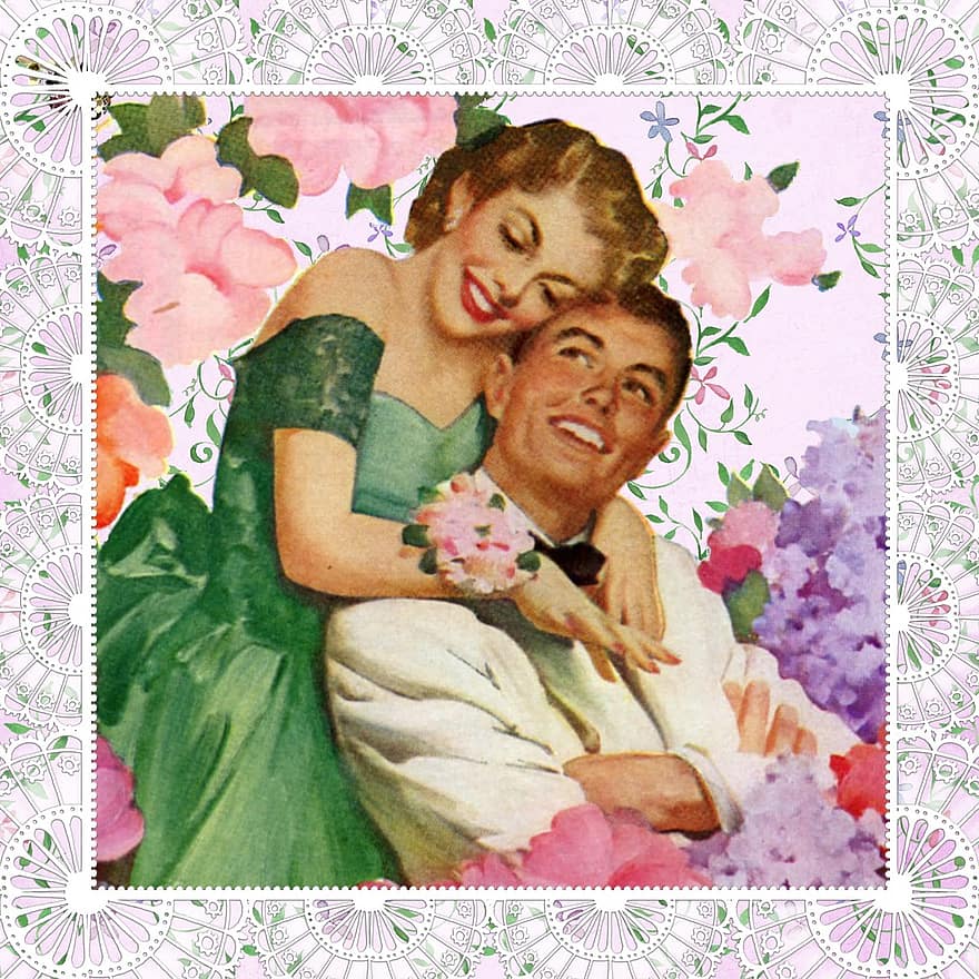 Vintage, Retro, Prom, Couple, Lady, Floral, Collage, Beautiful, Pink, Corsage, Framed