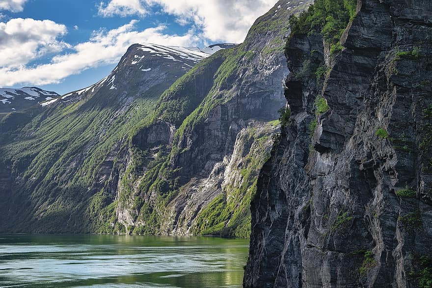 Mountains, Lake, Cliff, Sky, Clouds, Fjords, Norway