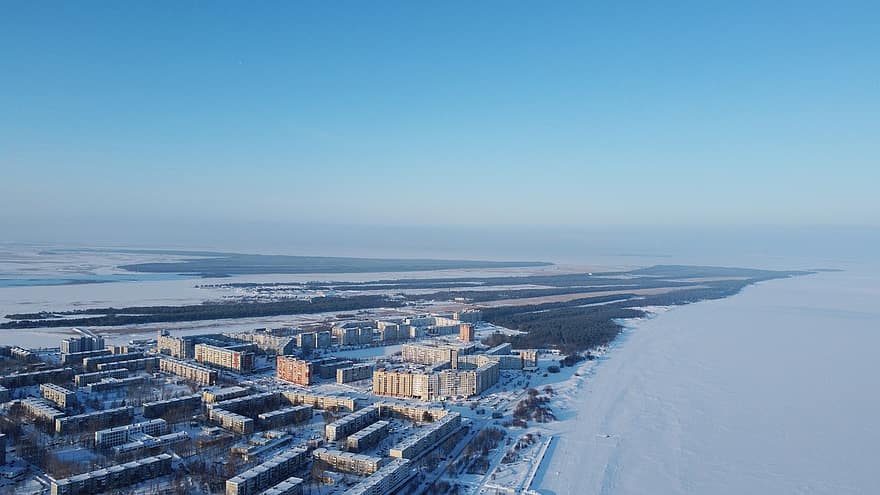 mar, hivern, ciutat, paisatge, Severodvinsk, Rússia