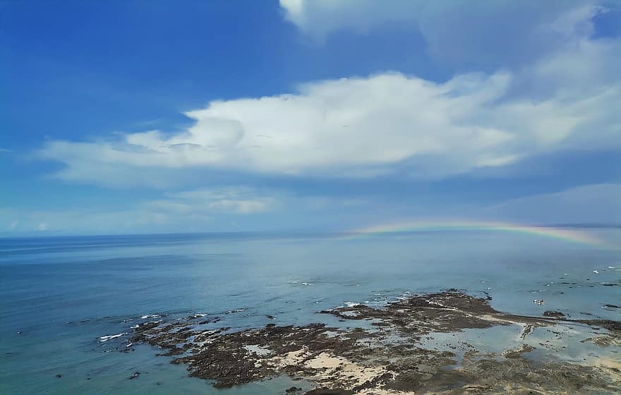 regnbue, hav, natur, horisont, himmel, skyer, pacific, kyst, shore, bergarter, vann