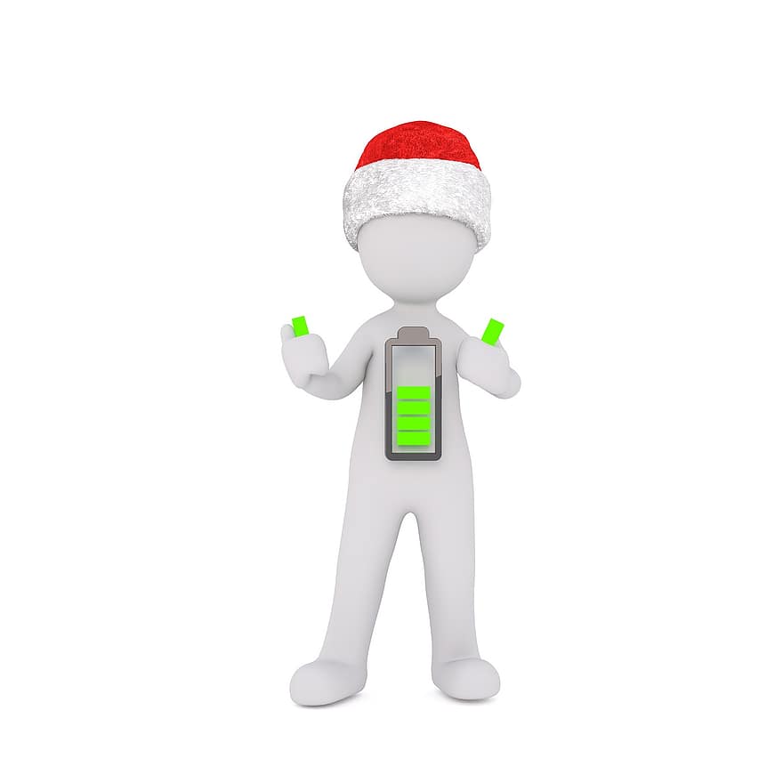 White Male, White, Figure, Isolated, Christmas, 3d Model, Full Body, 3d Santa Hat, Battery, Recharge, Charged