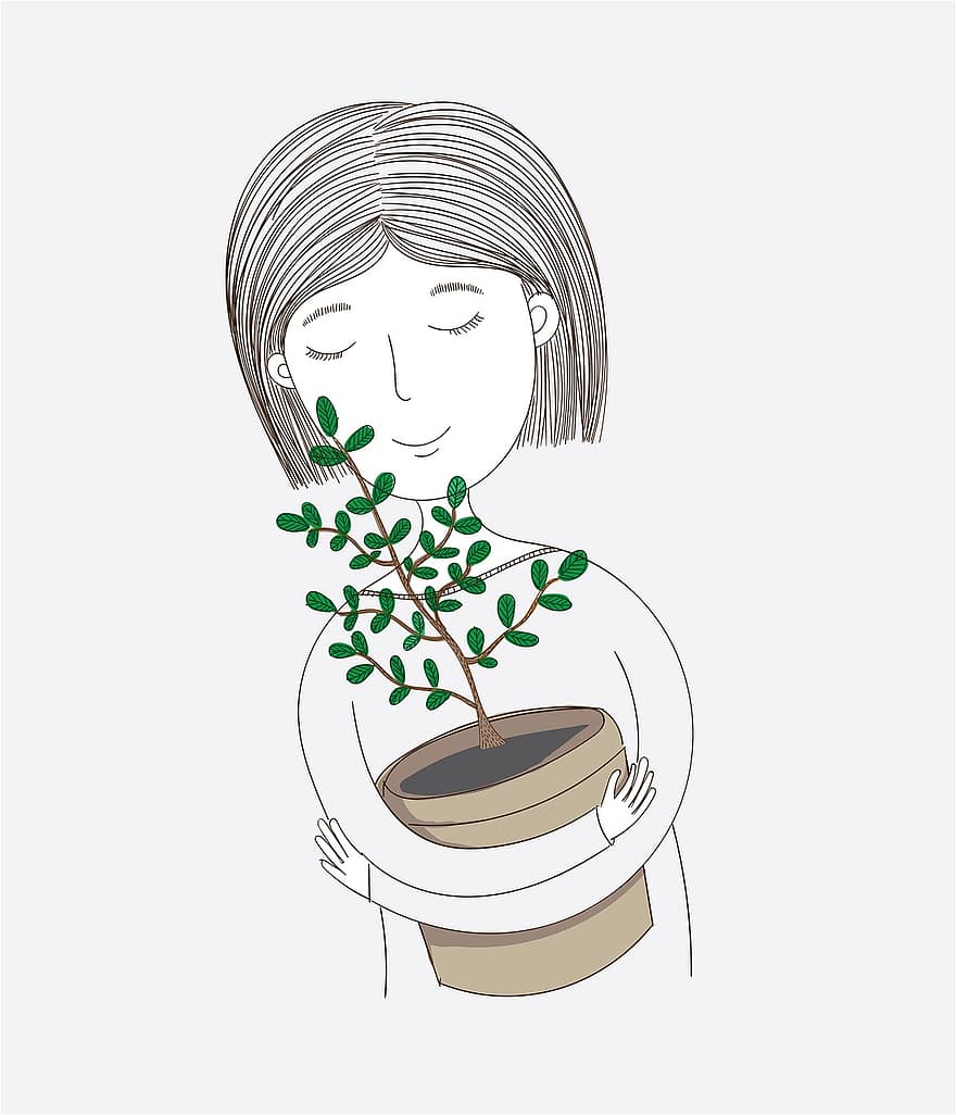 Woman, Plant, Hug, Hugging, Embrace, Pot, Potted Plant, Embracing, Young Woman, Girl, Doodle