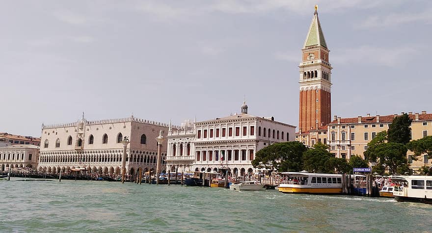 кула, лагуна, море, Венеция, Италия, вапорето, архитектура, Сан Марко, панорама, пътуване, известното място