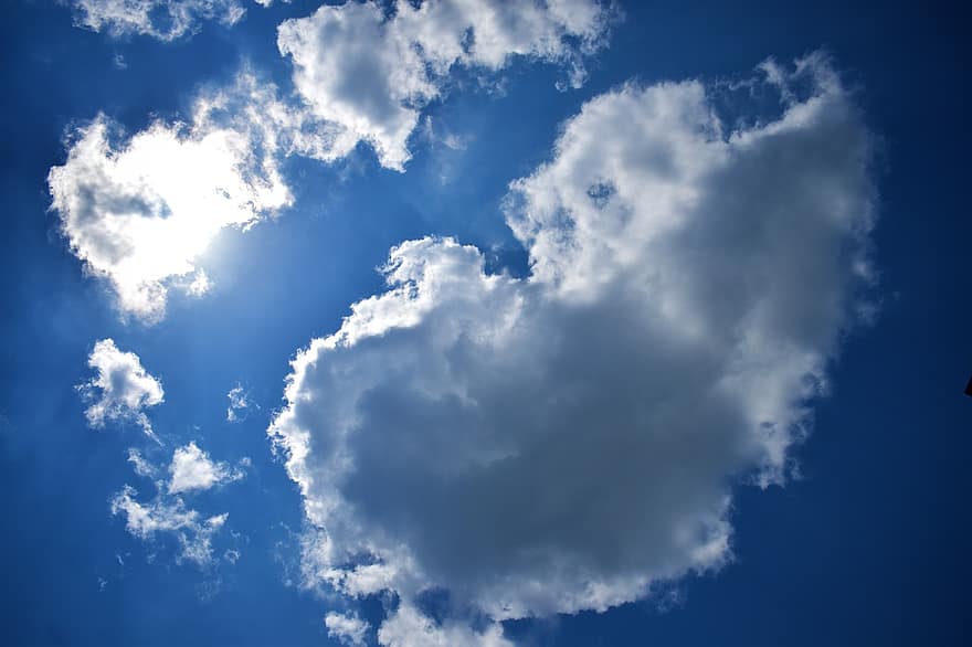 ég, felhők, gomolyfelhő, légkör, kék, felhő, nap, időjárás, háttérrel, sztratoszféra, nyári