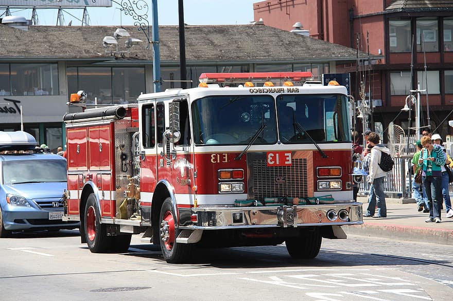 camion de pompier, Californie, ville, point de repère, Amérique, Etats-Unis