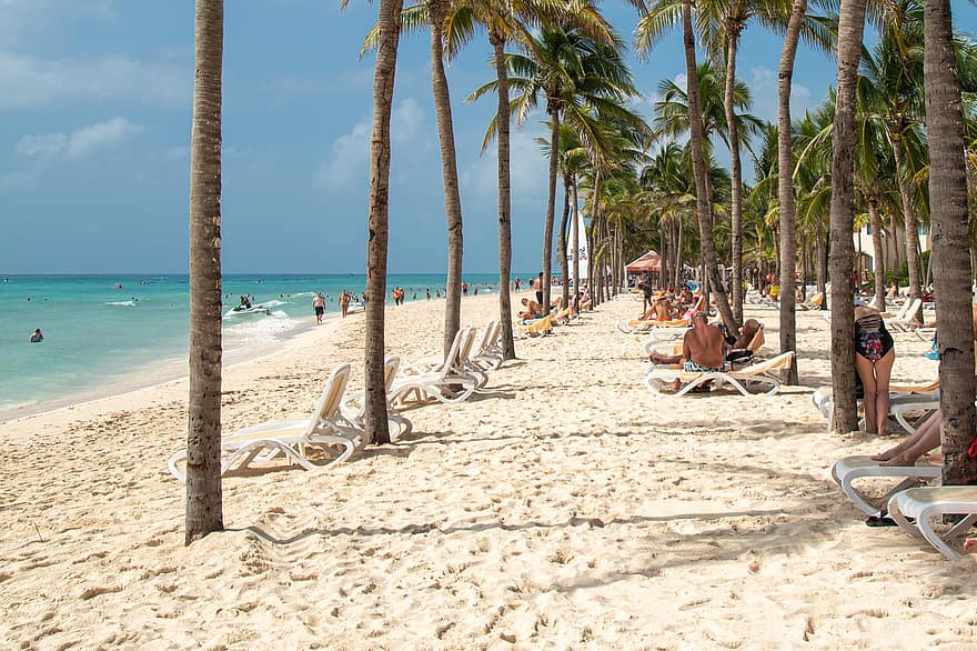 papludimys, palmės, Karibų jūros regione, paplūdimio kėdės, turistų, šventė, atostogos, žmonių, smėlis, pakrantėje, Krantas