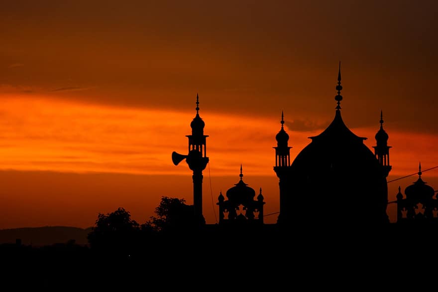 moskeija, siluetti, islam, muslimi, rukous, masjid, hengellisyys, islamilainen, auringonlasku, usko, maisema